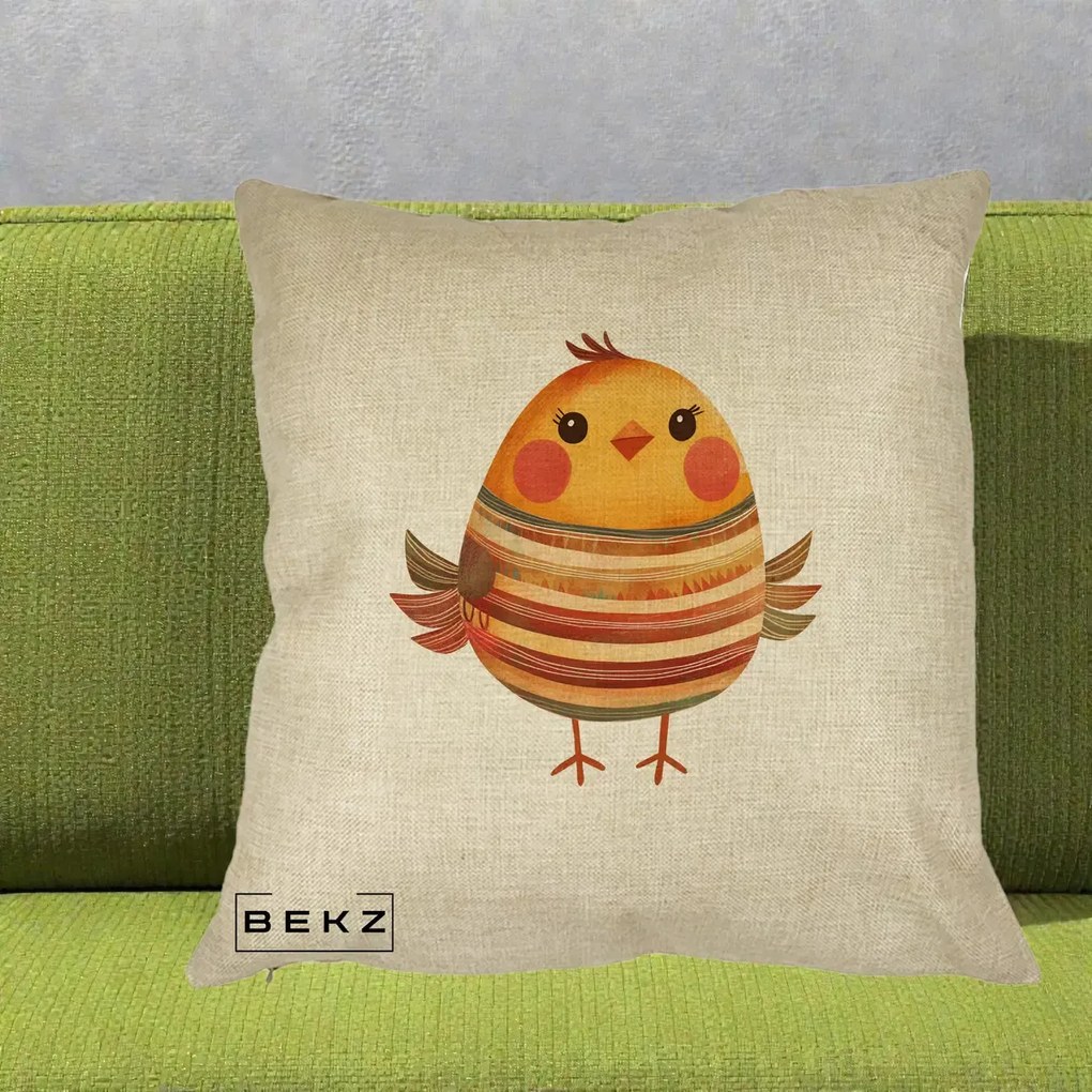 Perna Decorativa Pui Kawaii Portocaliu Dungi Calde, 40x40 cm, Crem, Husa Detasabila, Perna Inclusa, BEKZ®
