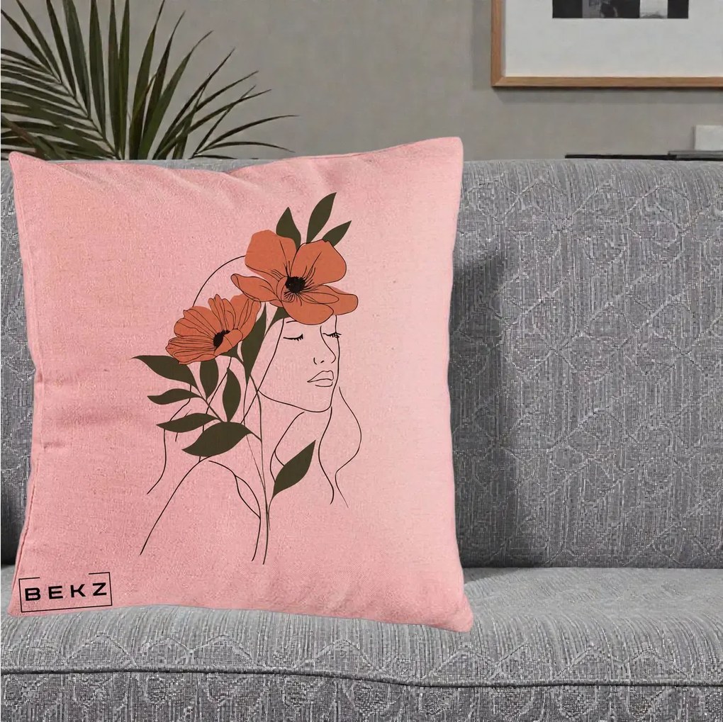 Perna Decorativa Portret Feminin Doua Maci Terracotta, 40x40 cm, Roz, Husa Detasabila, Perna Inclusa, BEKZ®