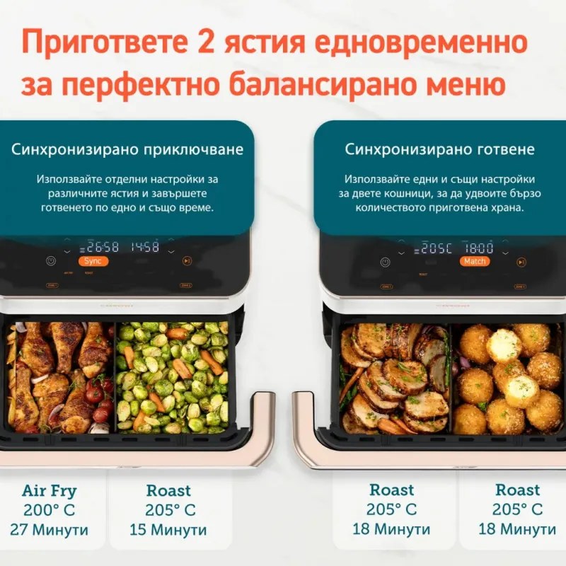 La mâna a doua: Friteuza cu aer cald dubla Cosori Dual Blaze TwinFry CAF-TF101S, 10 L, 6 programe, 35-240°C, Timer, ThermoIQ, Alb