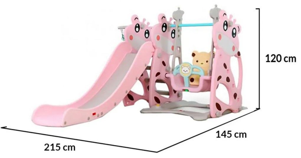 Tobogan 3 in 1 Pentru Copii NOVOKIDS Giraffe Playground, Cu Leagan, Pentru Interior si Exterior, 187 centimetri panta alunecare, Max 40 Kg, Cos de