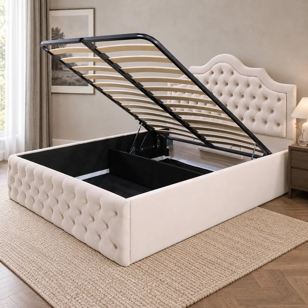 Pat tapițat din catifea Imperio cu nasturi 140×200 cm, crem, cu ladă de depozitare