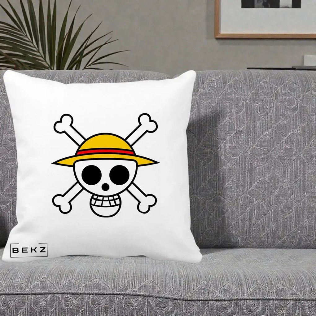 Perna Personalizata One Piece Jolly Roger Straw Hat Pirates, 40x40 cm, Alba Mata, Husa Detasabila, Perna Inclusa, BEKZ®