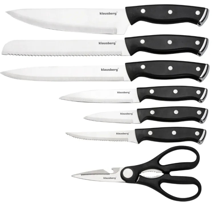 Set cuțite Klausberg KB 7985, 13 piese, Oțel inoxidabil, Mâner + ascuțitor, Negru