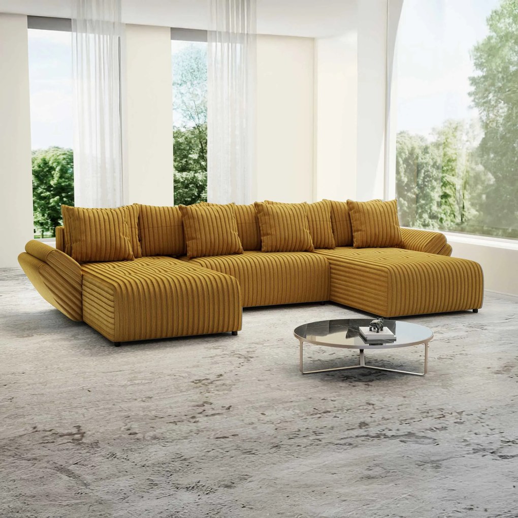 Colțar extensibil dumonde cu ladă de depozitare si sezut confortabil din spuma high-density, Berlin U Ambiance Mustar 380x180 cm