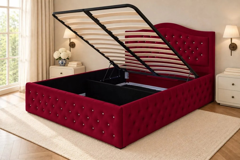 Pat tapițat Chesterfield din catifea Solaria Deluxe Cristal 180×200 cm, vișiniu, cu ladă de depozitare