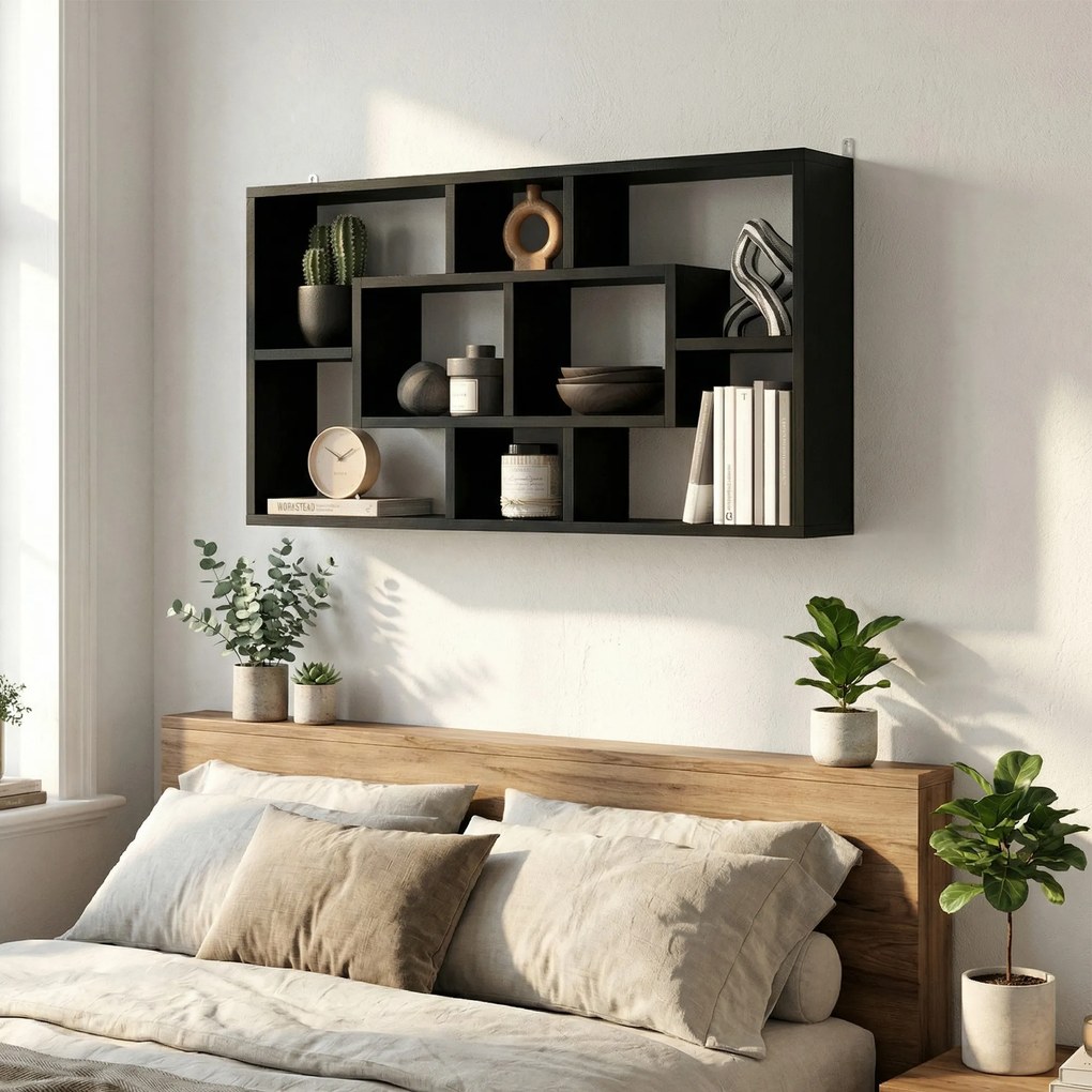 HOMCOM Etajeră de Perete cu 8 Compartimente, 85 x 14,5 x 47,5 cm, Lemn, Negru | Aosom Romania