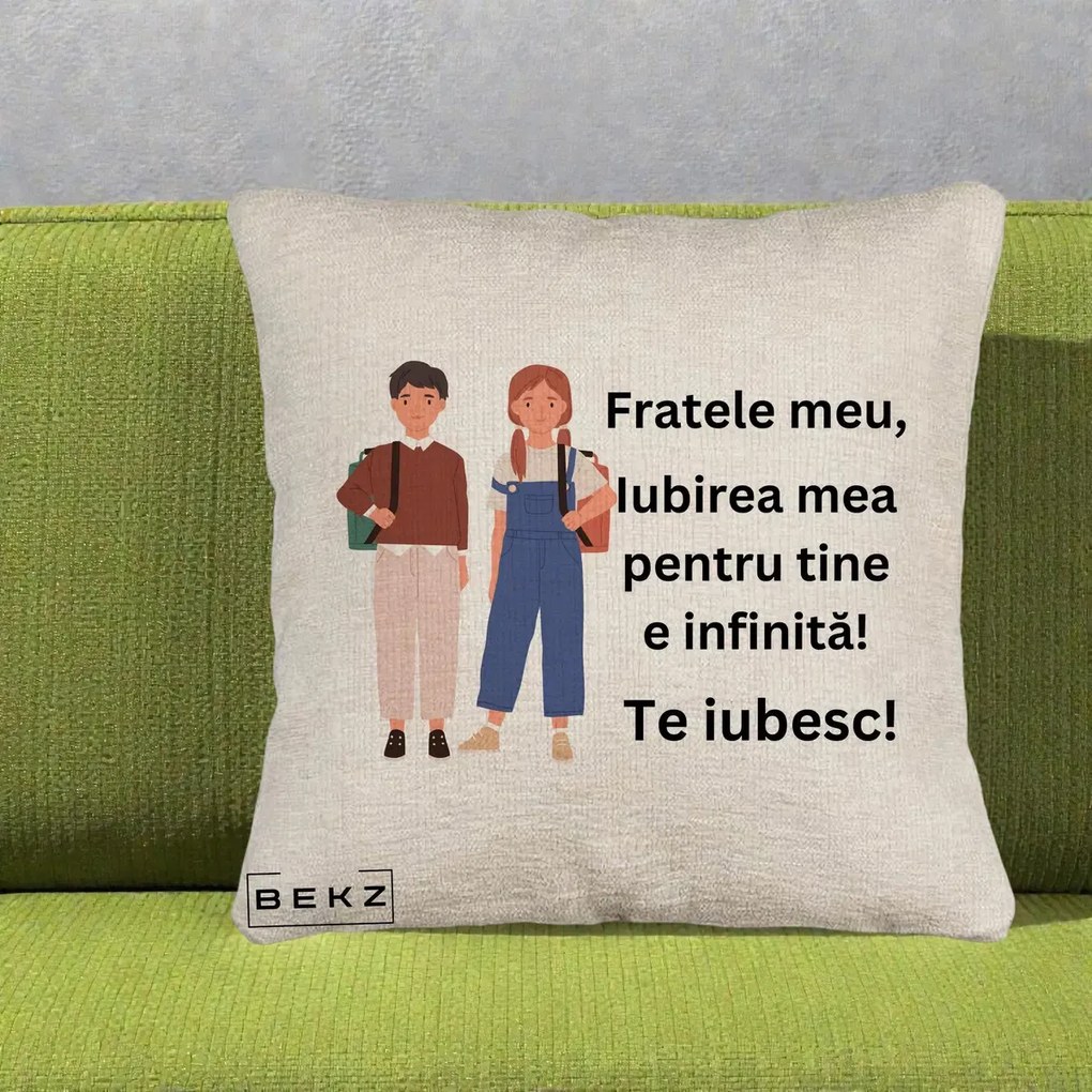 Cadou pentru Frate - Perna Personalizata Fratele Meu Te Iubesc Elevi Ilustratie Colorata, 40x40 cm, Bej Canapea, Husa Detasabila, Perna Inclusa, BEKZ®
