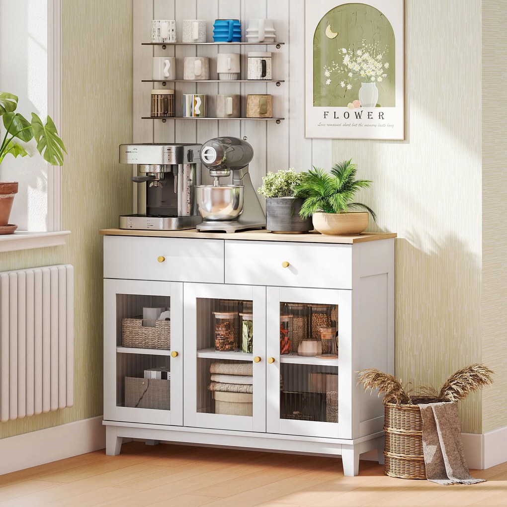 HOMCOM Bufet Bucătărie cu 2 Dulapuri și 2 Sertare, Uși din Sticlă Securizată Canelată, Bufet Sufragerie cu Rafturi Ajustabile, pentru Living sau Sufragerie, 100x35x80.3 cm, Alb și Stejar | Aosom Romania