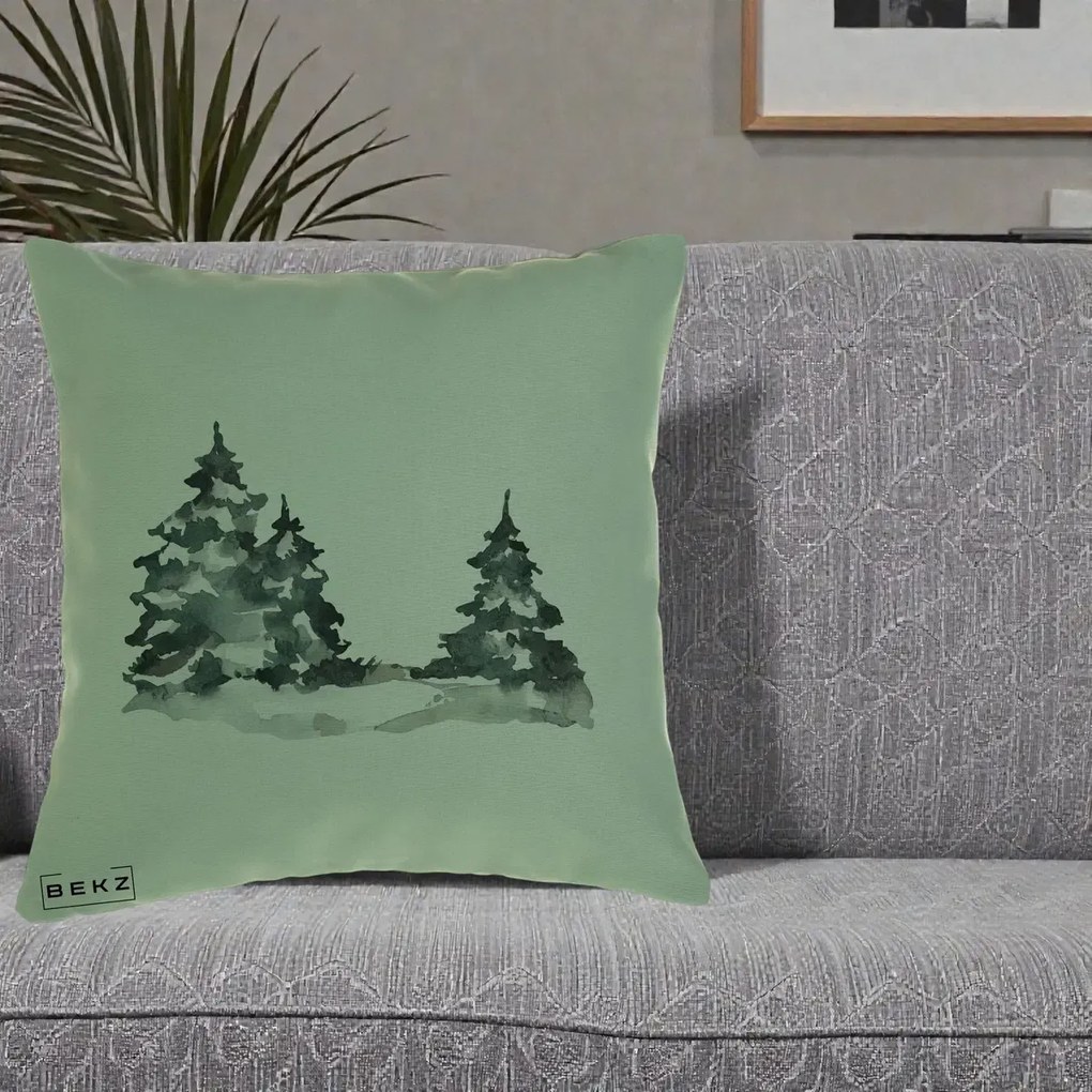 Perna Decorativa Brazi Inzapeziti Acuarela, 40x40 cm, Verde, Husa Detasabila, Perna Inclusa, BEKZ®