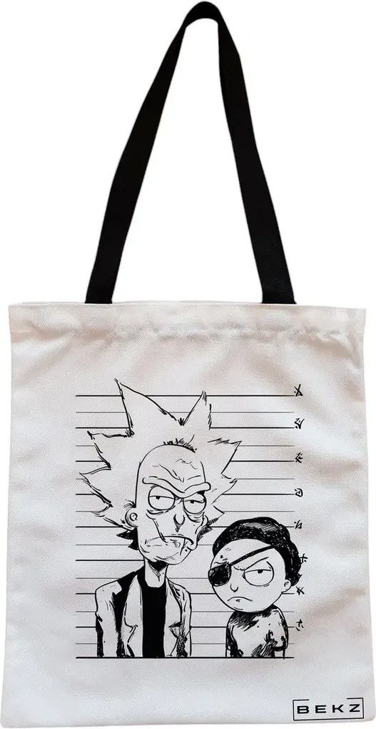 Sacosa de Panza pentru Cumparaturi, Geanta Tote, model Rick and Morty, Cu fermoar, 38x34.5 cm, Alba, BEKZ®