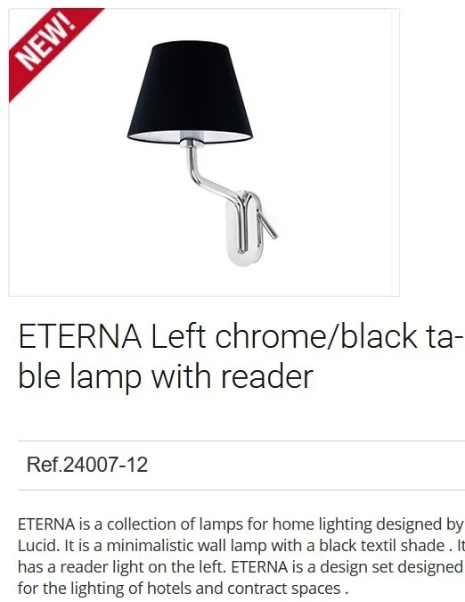 Aplica cu reader LED pe stanga design elegant ETERNA crom/negru
