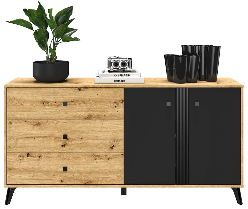 Comoda cu 3 sertare si 2 usi, stejar artisan negru, 165x83x40 cm, modern ,model pe mijloc usa, picioare negre , pentru living , dormitor, hol stejar