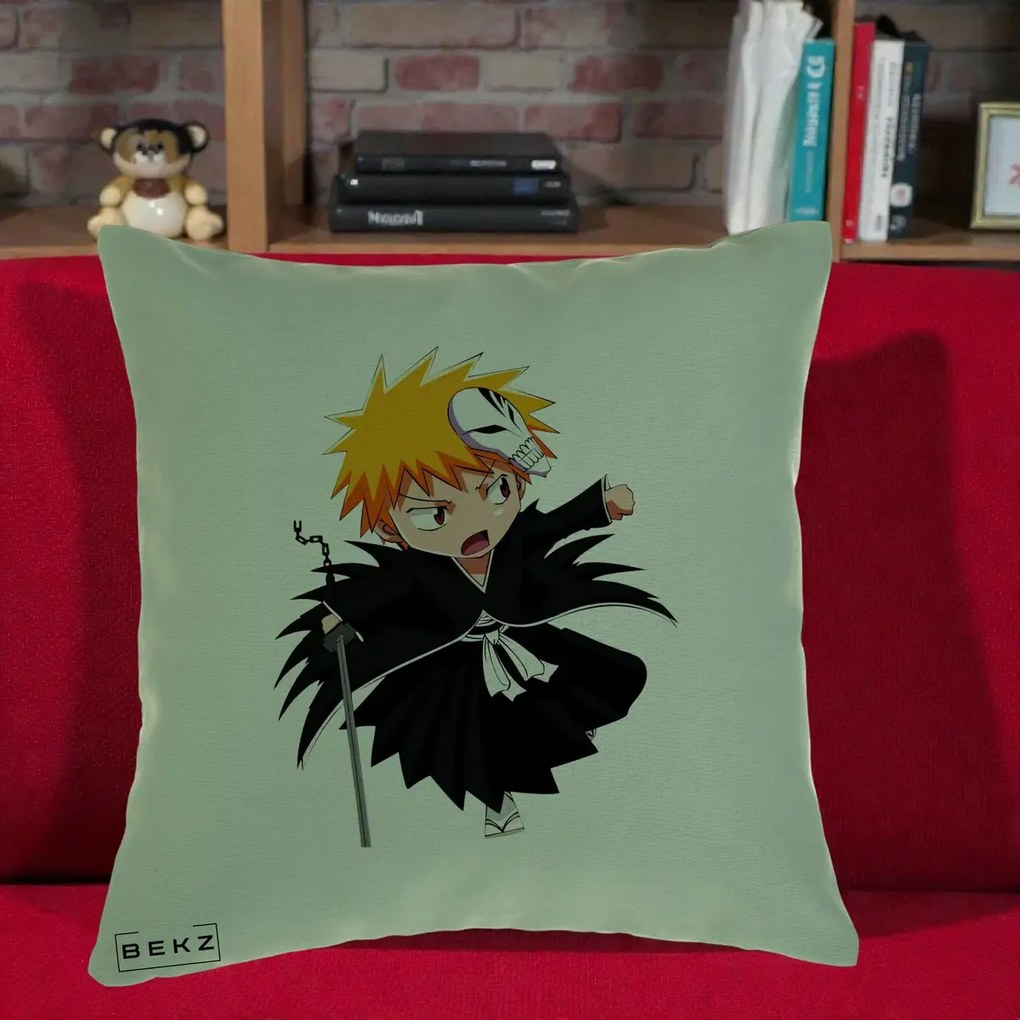 Perna Personalizata Bleach Ichigo Chibi cu Masca, 40x40 cm, Verde, Husa Detasabila, Perna Inclusa, BEKZ®