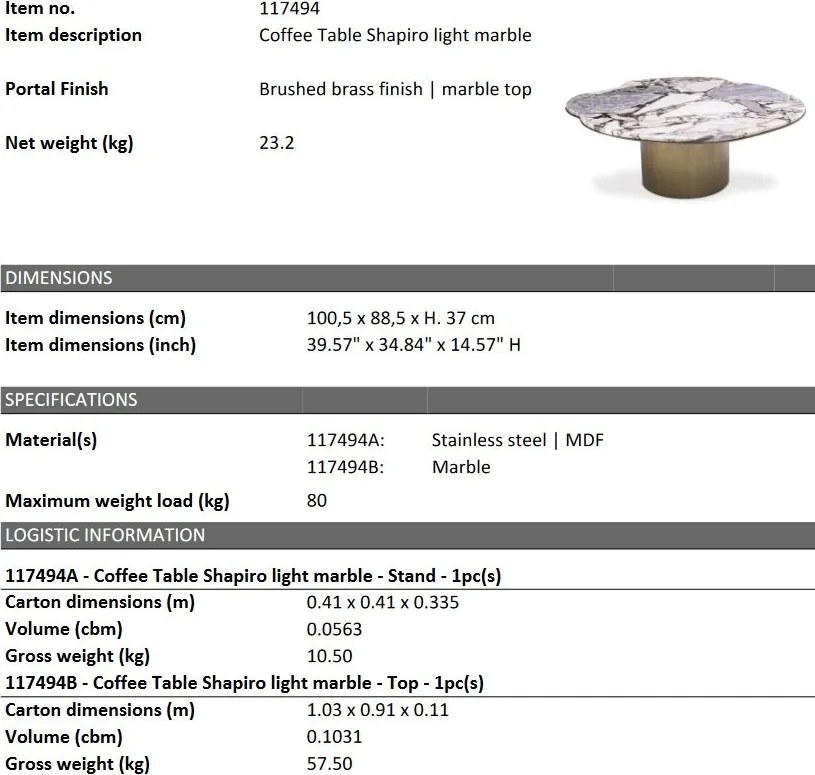 Masuta de cafea design LUX cu blat din marmura Shapiro