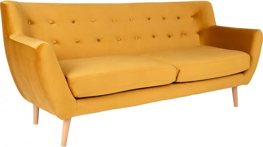 Canapea galben mustar din catifea si lemn pentru 3 persoane Monte House Nordic