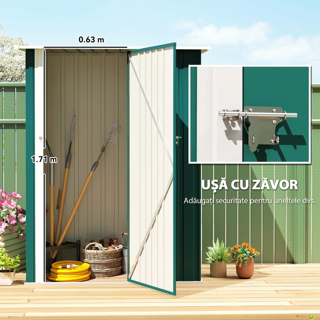 Outsunny Magazie de Grădină 1.07m² din Oțel Zincat, Căsuță pentru Depozitare cu Ușă Blocabilă, Acoperiș Înclinat, 142x86x189 cm, Verde | Aosom Romania