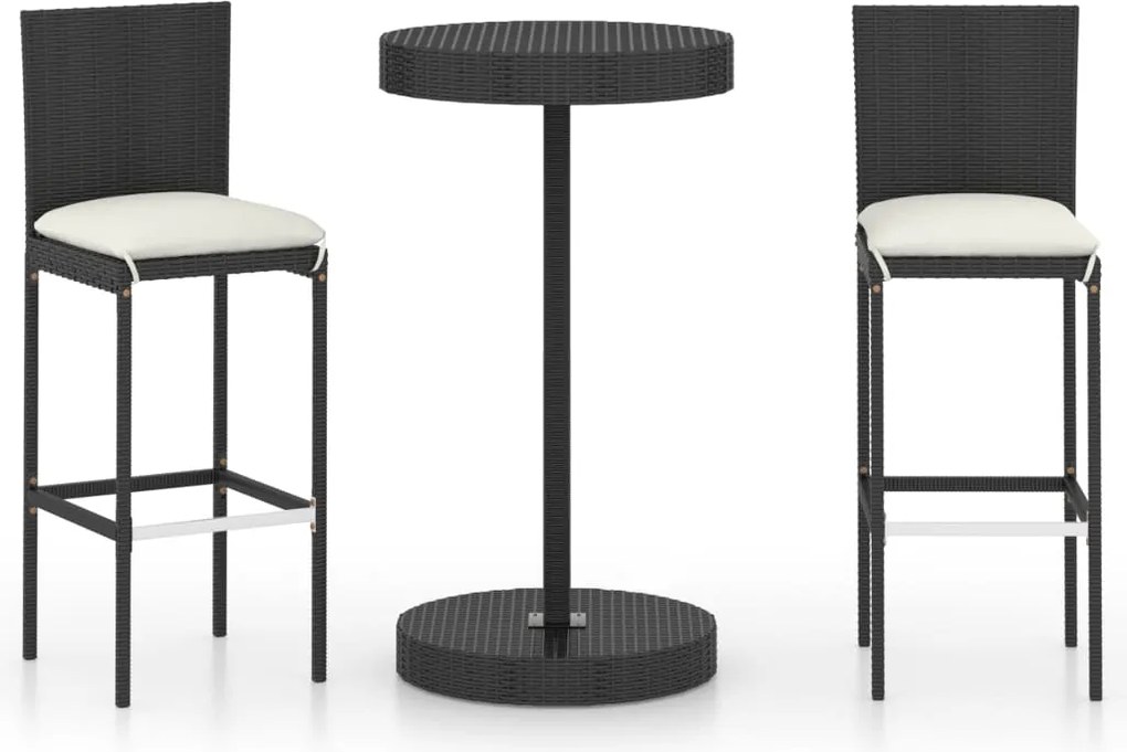 vidaXL Set mobilier bar de grădină cu perne, 3 piese, negru, poliratan