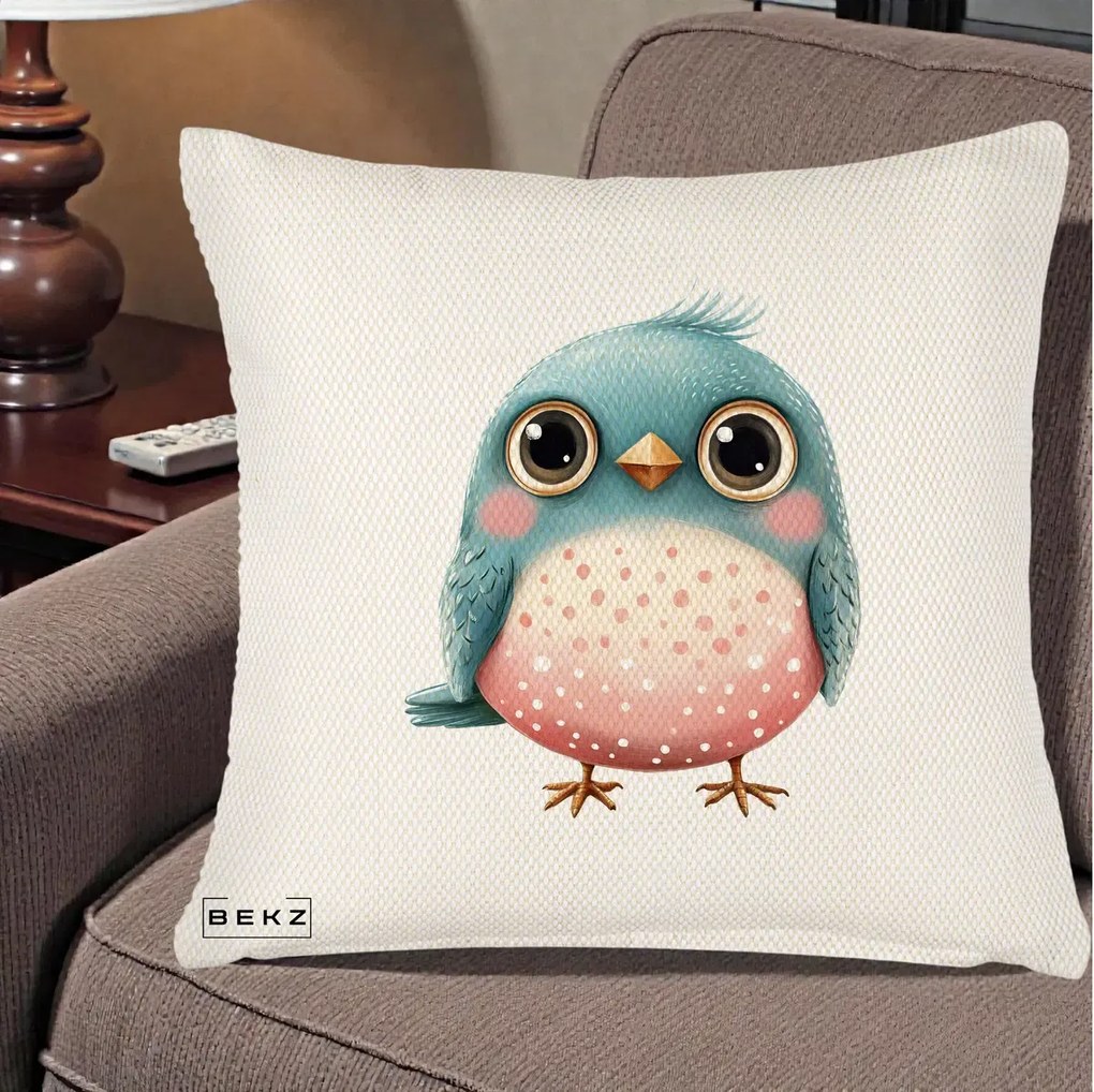 Perna Decorativa Pasare Teal-Roz cu Pete, 40x40 cm, Crem Reliefat, Husa Detasabila, Perna Inclusa, BEKZ®