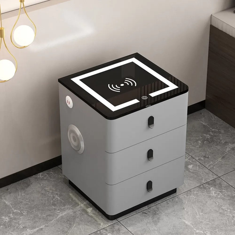 RESIGILAT-Set Margot, Masă de toaletă pentru machiaj cu oglindă iluminată LED, control touch, 6 sertare, comoda, scaun, Difuzor Bluetooth, zona încărcare fără fir, Gri