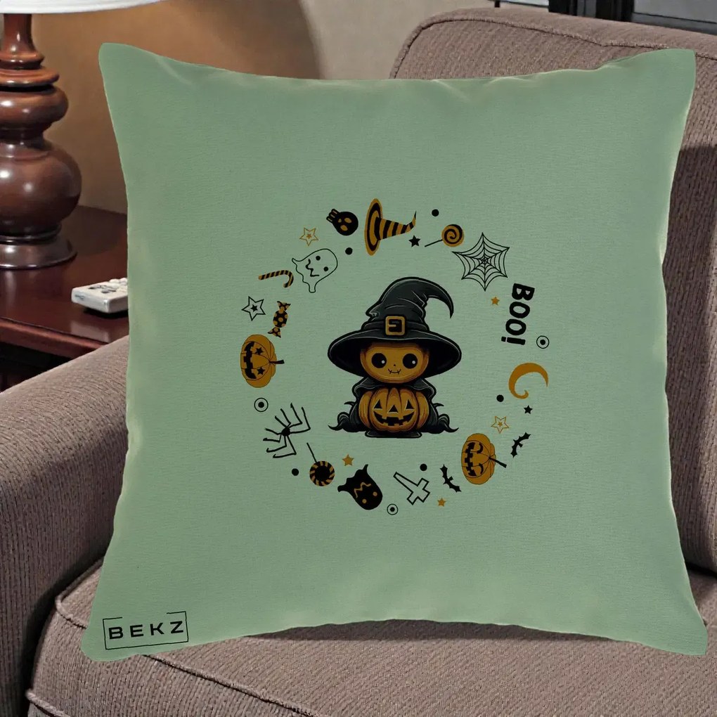 Perna Decorativa Halloween Dovleac Vrajitor Boo cu Simboluri, 40x40 cm, Verde, Husa Detasabila, Perna Inclusa, BEKZ®