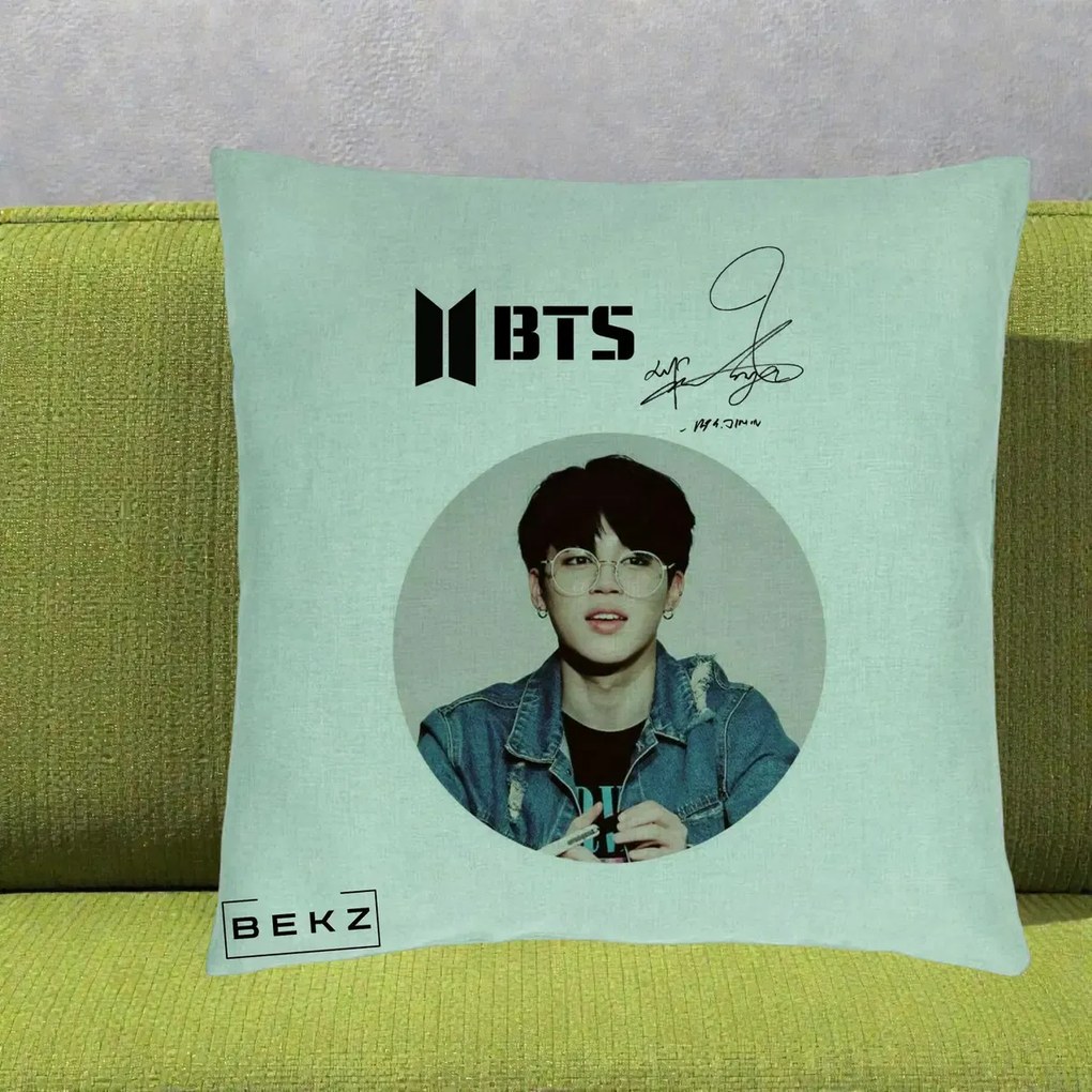 Perna Personalizata K-pop BTS Jimin Portret Cerc Autograf Geaca, 40x40 cm, Verde Menta, Husa Detasabila, Perna Inclusa, BEKZ®