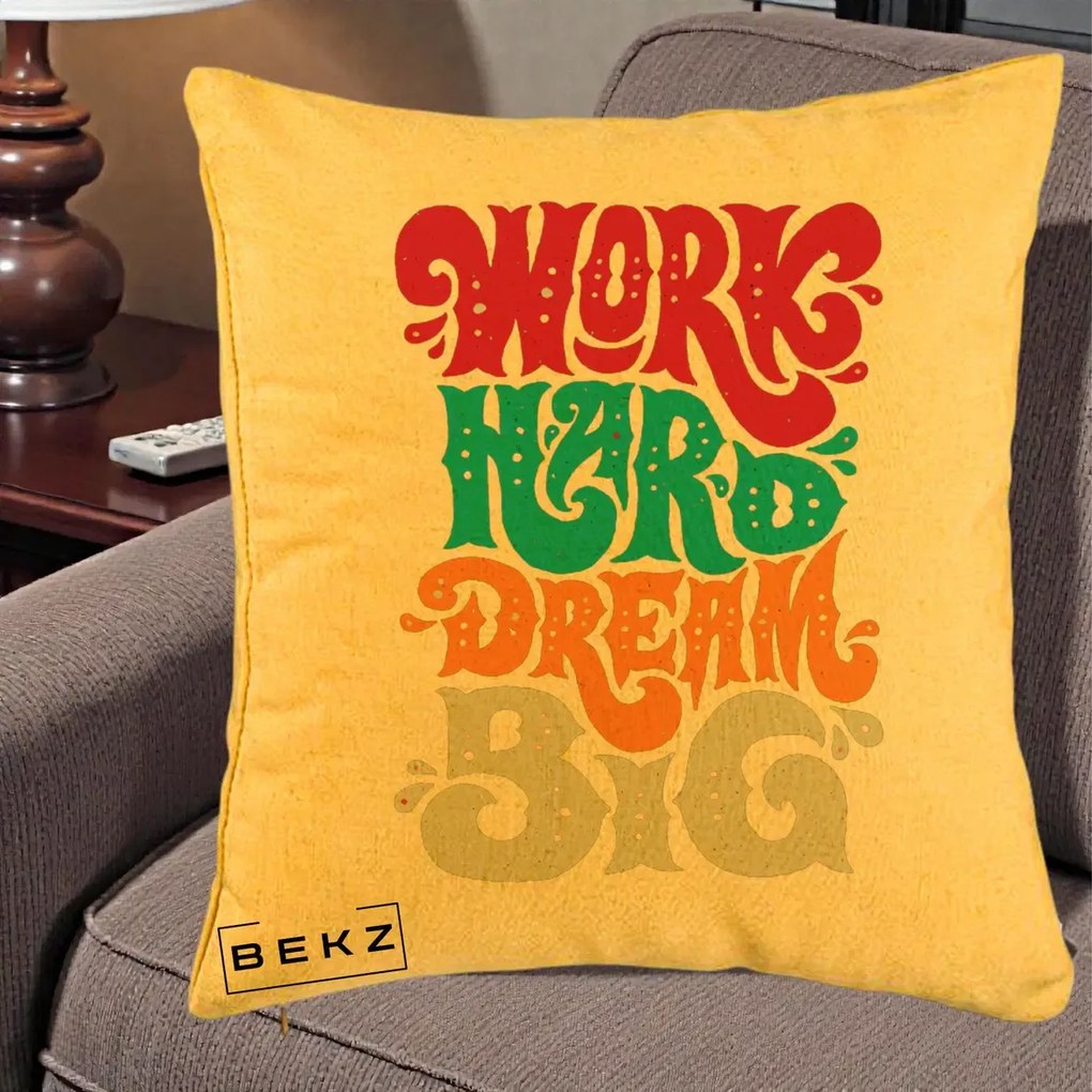 Perna Decorativa Work Hard Dream Big Retro, 40x40 cm, Galben, Husa Detasabila, Perna Inclusa, BEKZ®