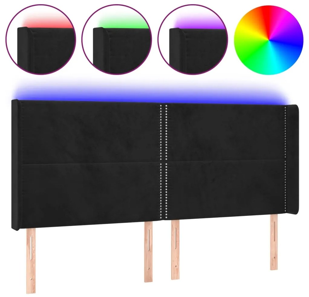 Tablie de pat cu LED, negru, 163x16x118 128 cm, catifea 1, Negru, 163 x 16 x 118 128 cm