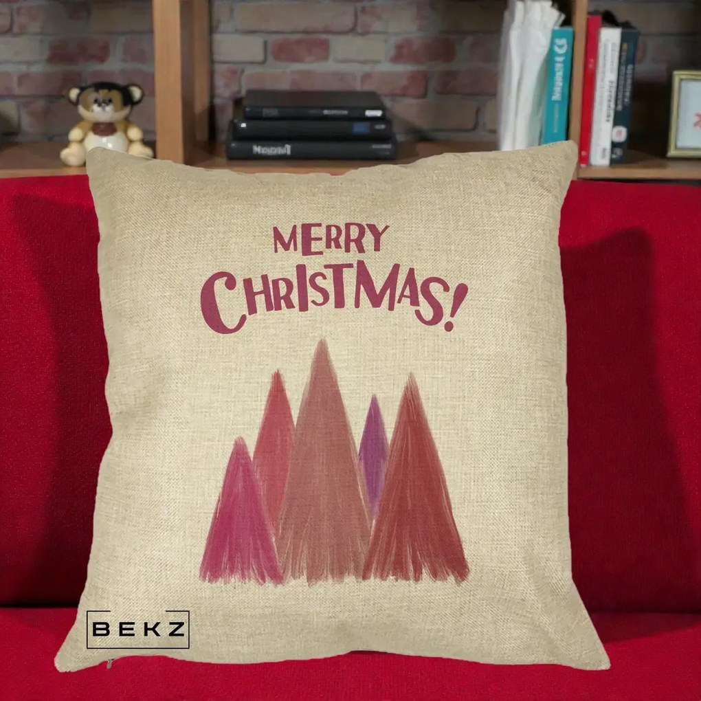 Perna Decorativa Merry Christmas Brazi Roz, 40x40 cm, Crem, Husa Detasabila, Perna Inclusa, BEKZ®