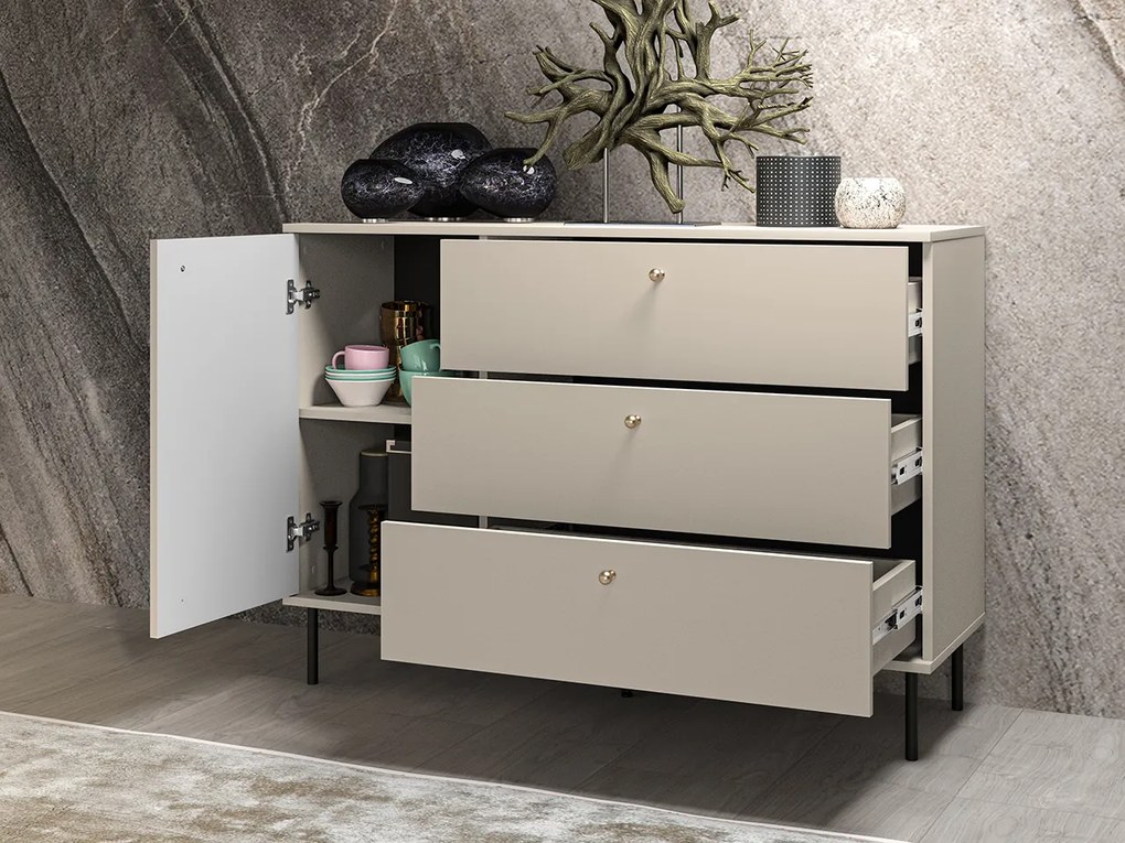 Comoda living  dormitor hol cu 3 sertare si 1 usa , casmir mdf casmir cu model , 120x85x40 cm, canturi abs, cu rafturi, picioare negre butoni auriu