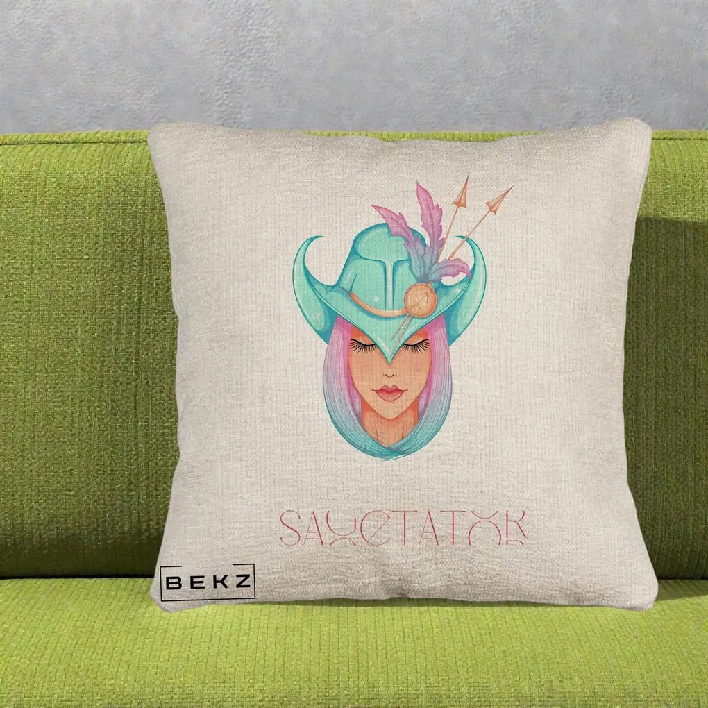 Perna Personalizata Zodiac Sagetator Cowgirl, 40x40 cm, Bej Canapea, Husa Detasabila, Perna Inclusa, BEKZ®