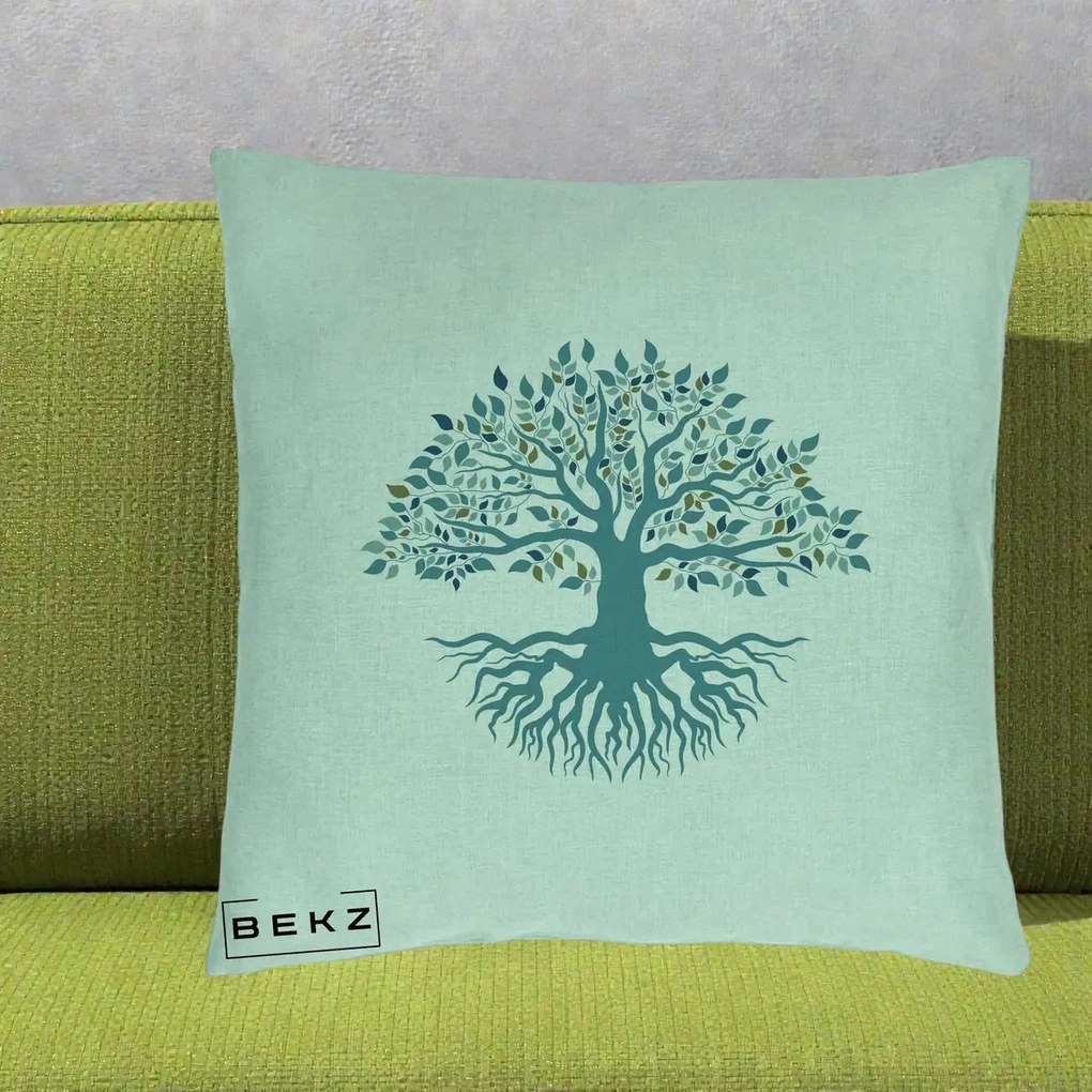 Perna Decorativa Copacul Vietii Teal cu Radacini, 40x40 cm, Verde Menta, Husa Detasabila, Perna Inclusa, BEKZ®