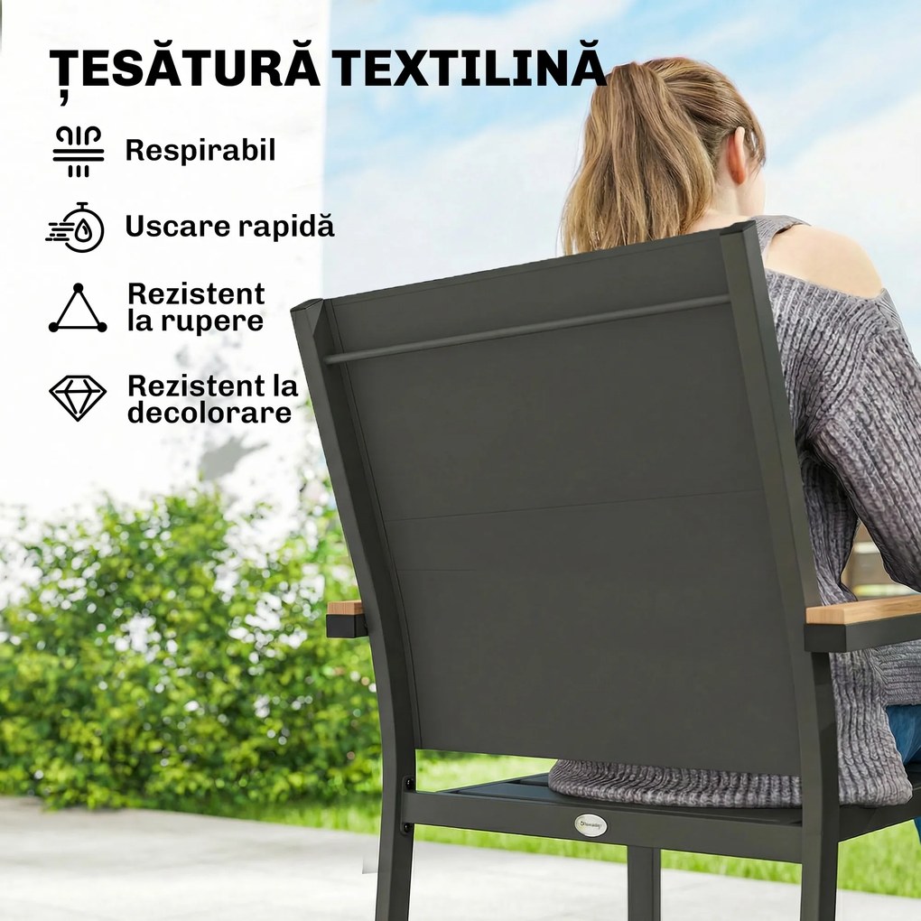 Outsunny Set 2 Scaune Grădină Empilabile cu Șezut și Spătar Capitonați, Gri Închis | Aosom Romania