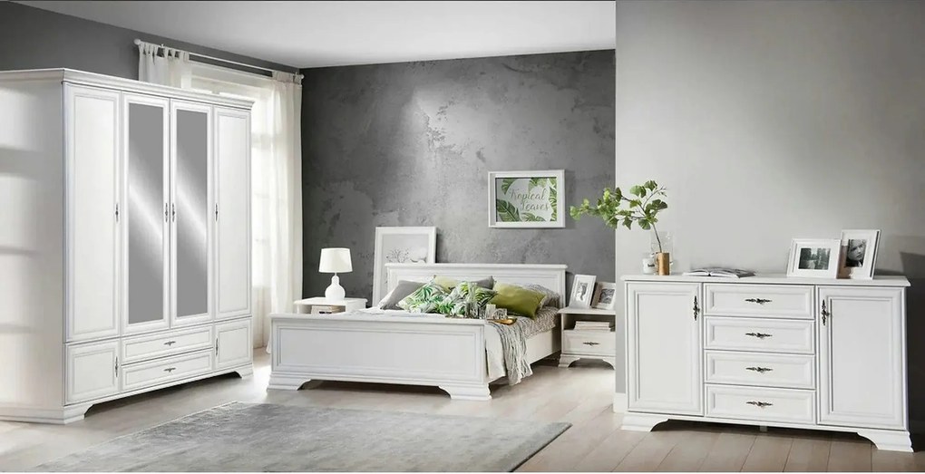 Mobilier dormitor alb IDENTO 4, cu pat 160x200, dulap cu 6 usi si 2 se