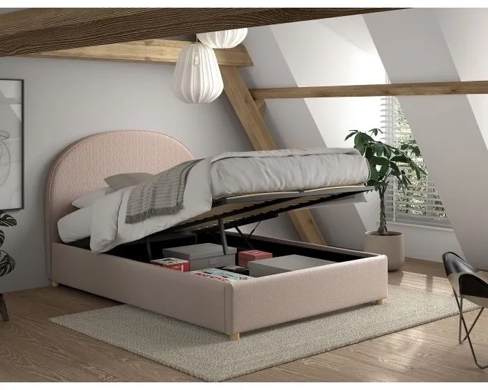 Set MOON: pat tapițat 90 x 200 cm roz cu țesătură bouclé și spațiu de depozitare + 2 tabureti roz multifuncționali – Vipack