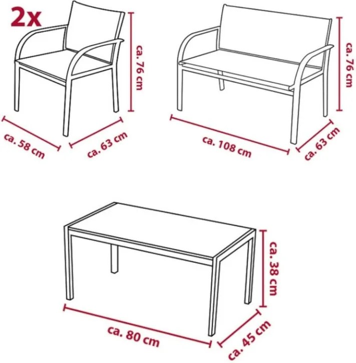 Set de gradina LOUNGE cu fotolii, banca si masuta, gri