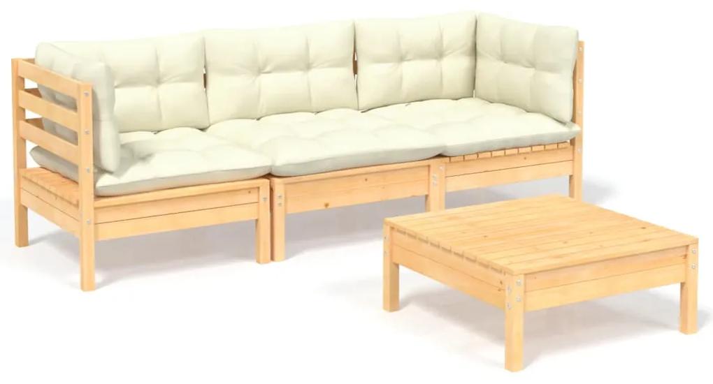 Set mobilier gradina cu perne crem, 4 piese, lemn de pin maro si crem, 1