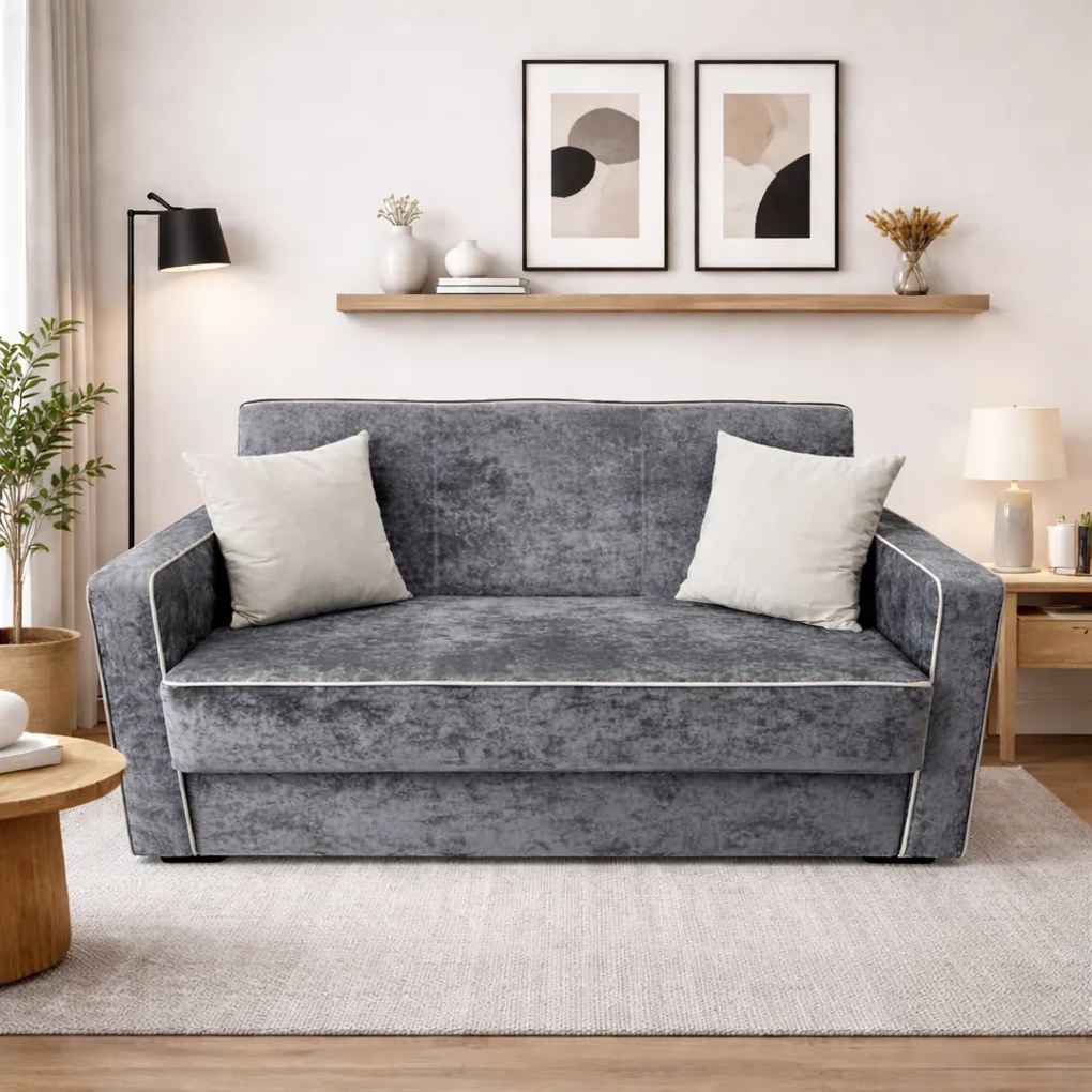 Canapea SAMY NEXT extensibila, 2 locuri, cu lada de depozitare, catifea plusata gri, cadru metalic, 152x100x92 cm Gri, catifea plusata