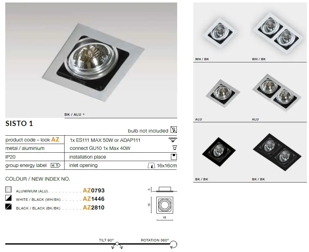 Spot incastrabil directionabil de tavan/plafon SISTO 1 ALU