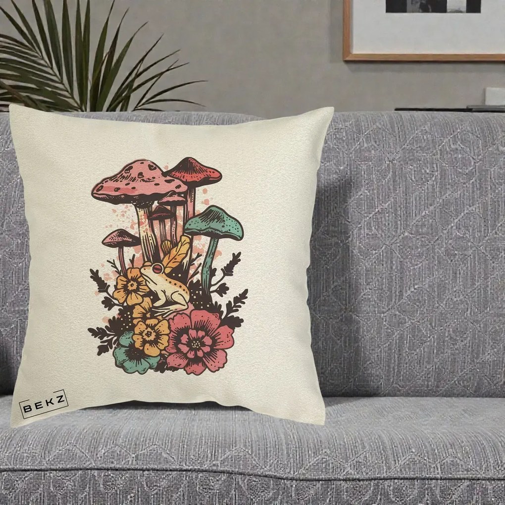 Perna Decorativa Ciuperci si Broaste Boho, 40x40 cm, Ecru, Husa Detasabila, Perna Inclusa, BEKZ®
