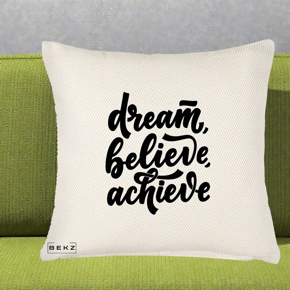 Perna Decorativa Dream Believe Achieve, 40x40 cm, Crem Reliefat, Husa Detasabila, Perna Inclusa, BEKZ®