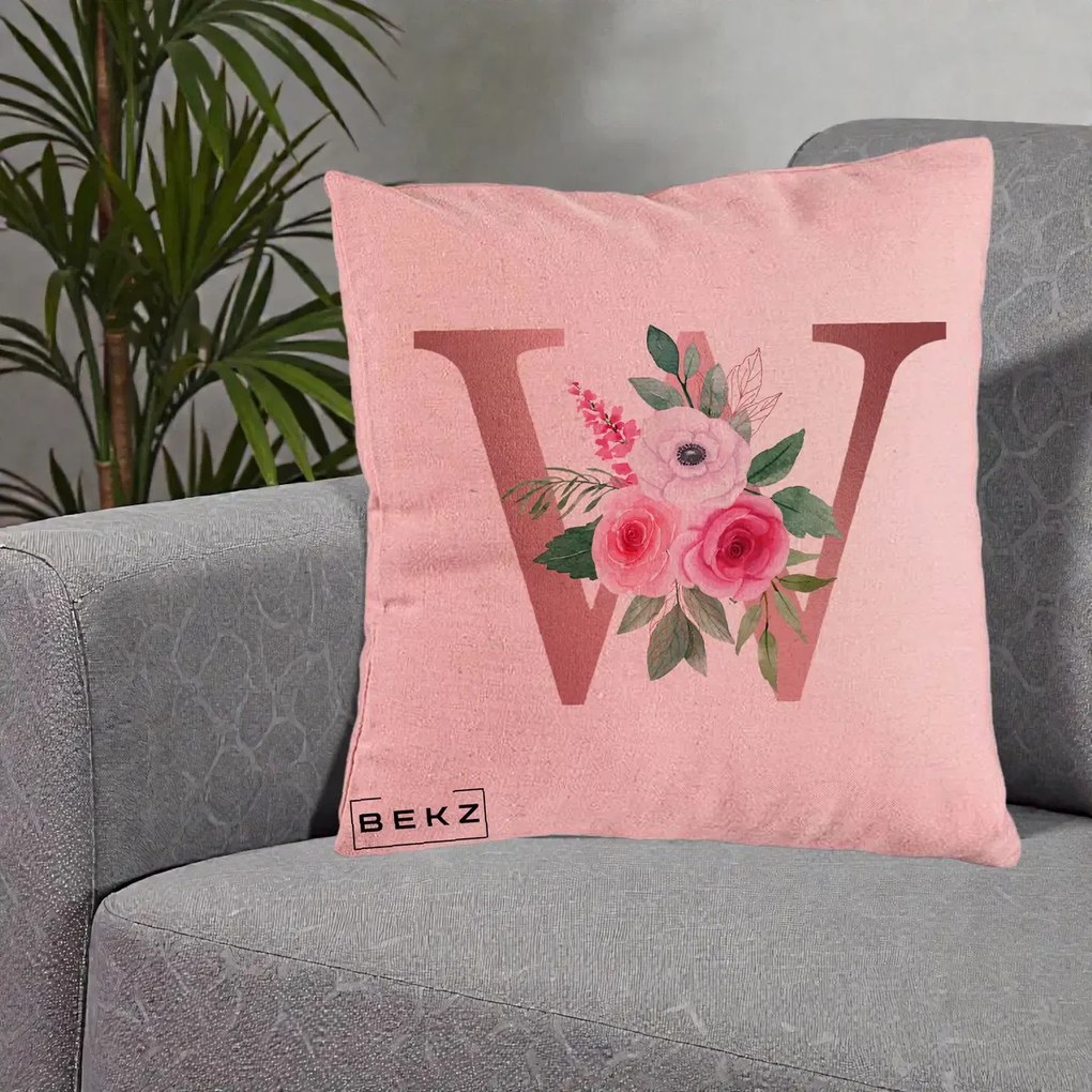 Cadou Personalizat - Perna Personalizata Monograma Rose Gold Litera W cu Trandafiri si Anemona, 40x40 cm, Roz, Husa Detasabila, Perna Inclusa, BEKZ®