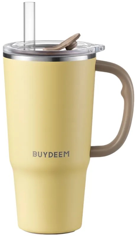 Pahar termo cu pai incorporat Buydeem DS57-MY, 700 ml, Cald/rece pana la 6 ore, Vid, Maner, Otel inoxidabil, Fara BPA, Galben
