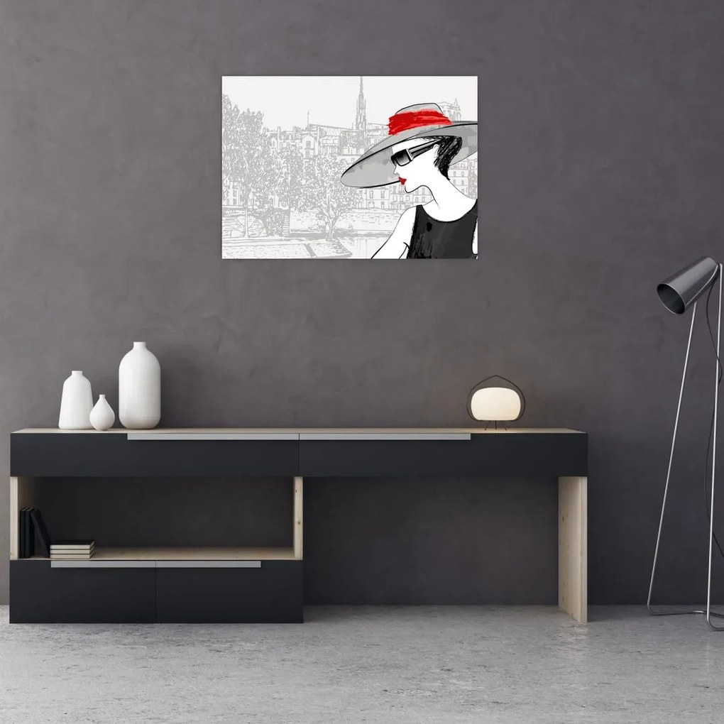 Tablou pe sticlă - Doamna la oraș (70x50 cm)