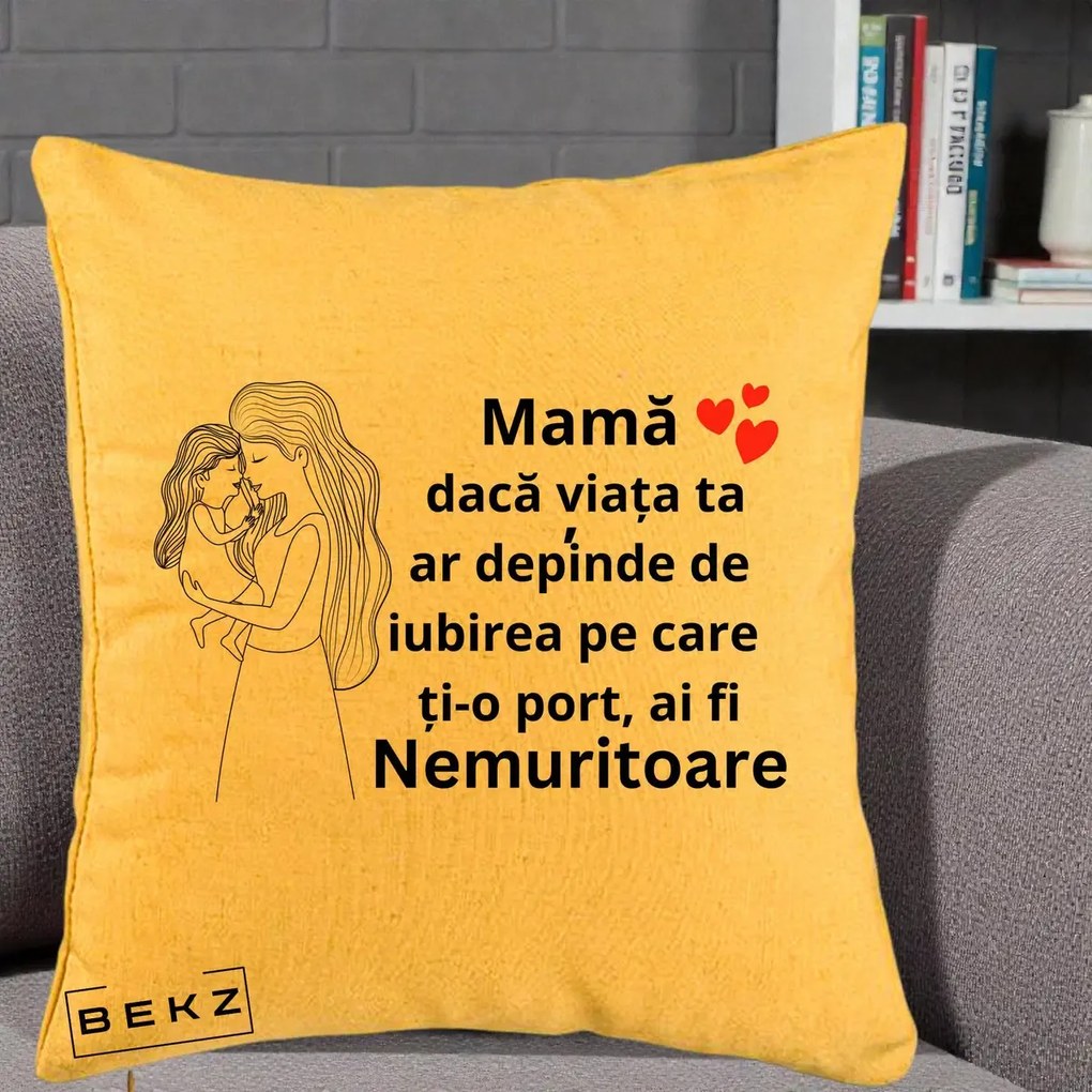 Cadou pentru Mama - Perna Personalizata Mama Nemuritoare cu Copilul in Poala, 40x40 cm, Galben, Husa Detasabila, Perna Inclusa, BEKZ®