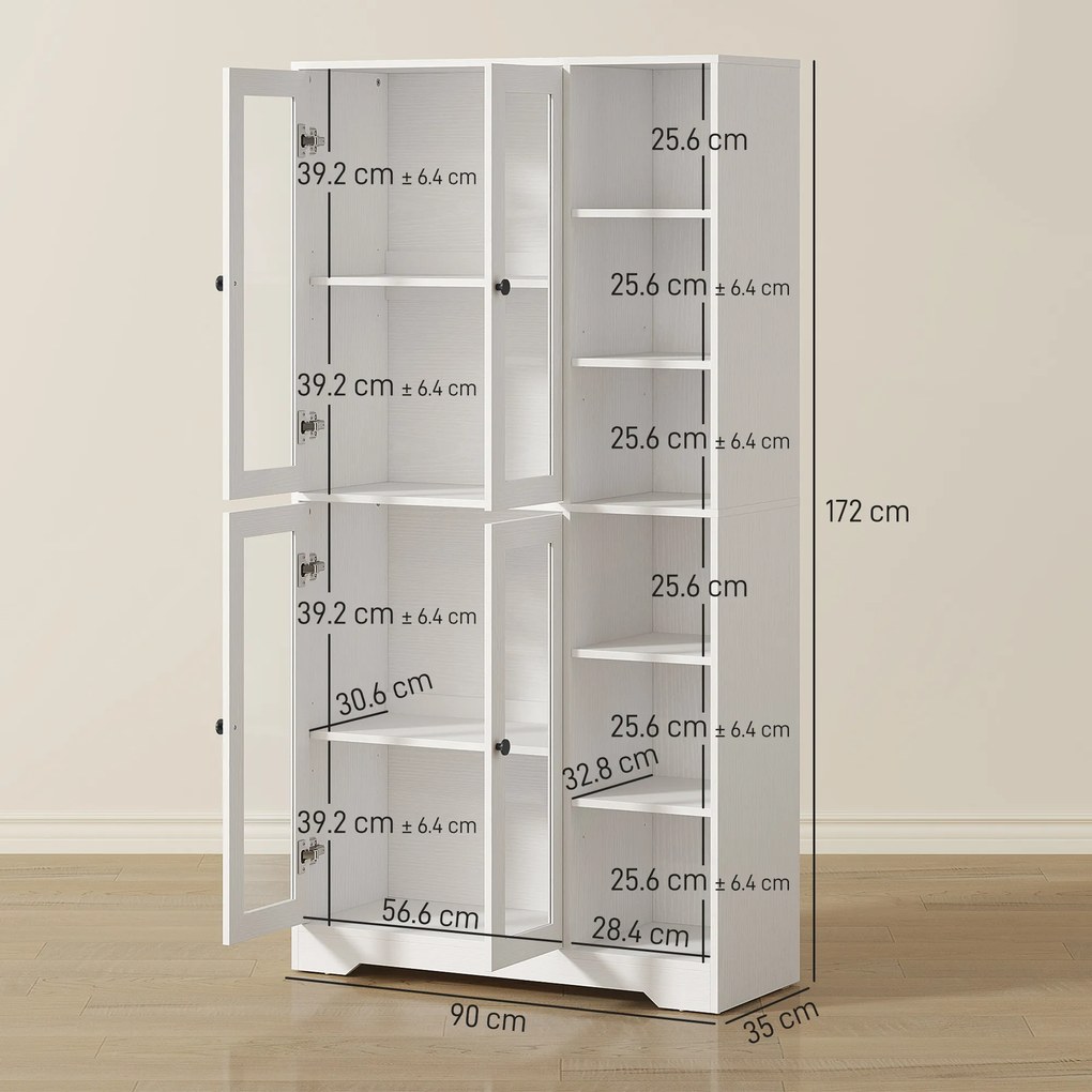 HOMCOM Bufet Bucătărie Înalt, Dulap Dispensa cu 4 Uși din Sticlă Soft-Close, 6 Rafturi Deschise, Rafturi Reglabile, Alb | Aosom Romania
