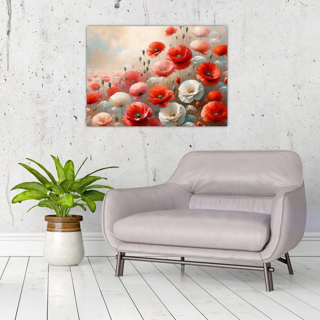 Tablou pe sticlă - Pictură cu maci (70x50 cm)