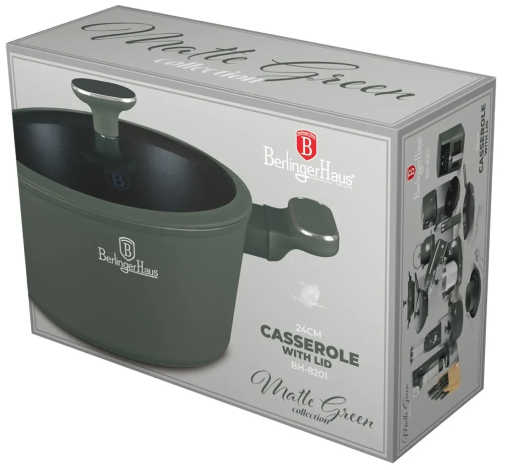 Oală cu capac 24 cm, 4.1L – Berlinger Haus Green Matte Collection BH 8201, verde, cu strat antiaderent din titan, design modern, compatibilă cu toate