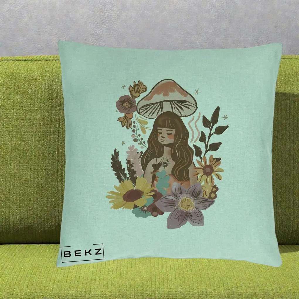 Perna Decorativa Fata Ciuperca Boho Florala, 40x40 cm, Verde Menta, Husa Detasabila, Perna Inclusa, BEKZ®