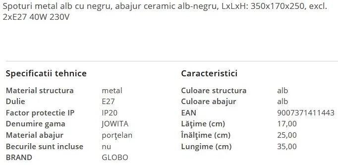 Aplica de perete/tavan stil industrial JOWITA alb-negru