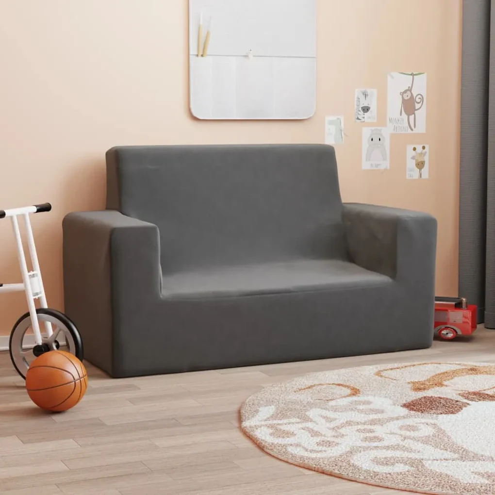 341841 vidaXL Canapea pentru copii cu 2 locuri, antracit, pluș moale